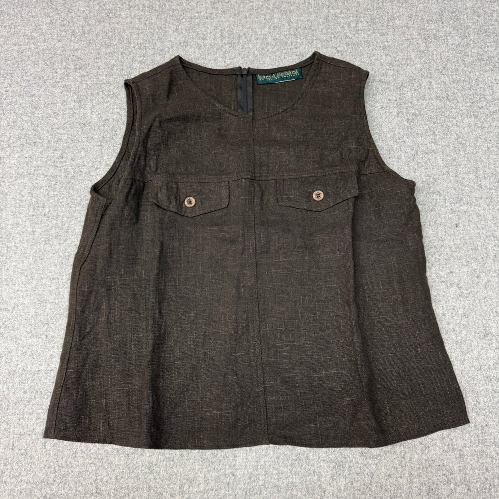 Harve Benard Sleeveless Top Large Brown Linen Blend Button Pocket Back Zip Shell